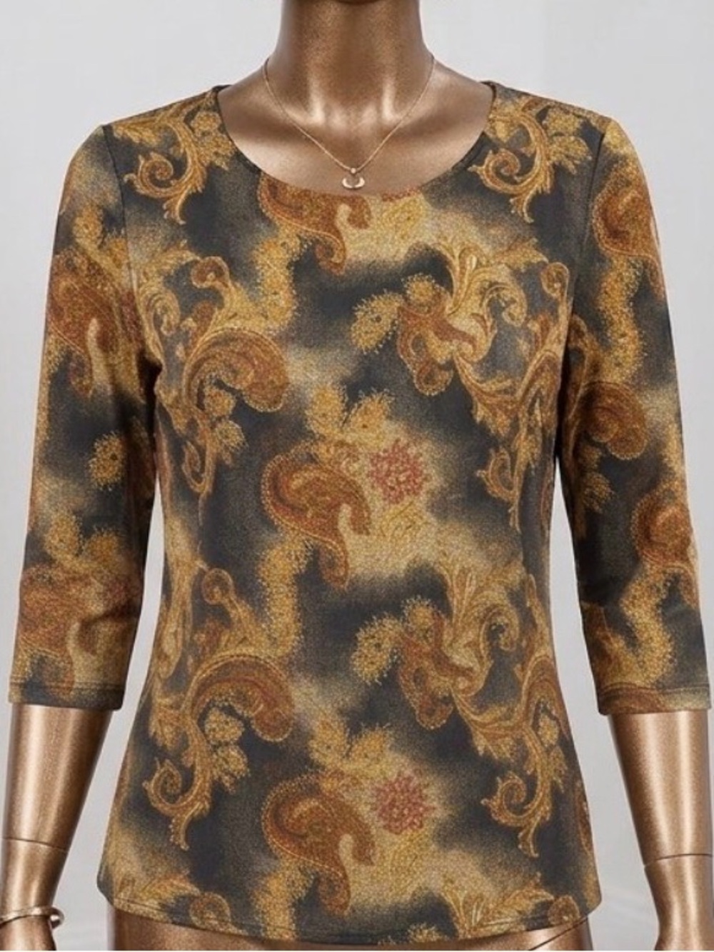Brittany Black Paisley Scoop Neck Top in Brown and Gold Tones